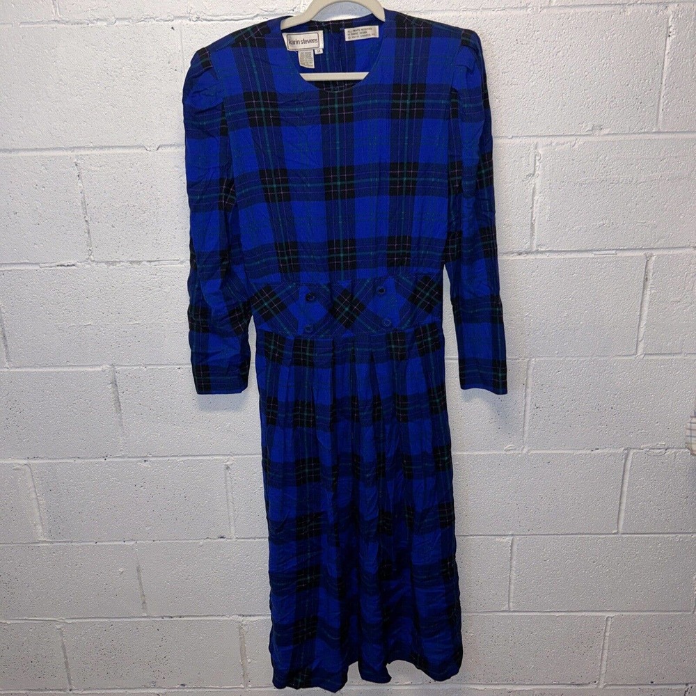 Vintage‎ Karin Stevens 14 Plaid Long Sleeve Blue Teacher Granny Dress